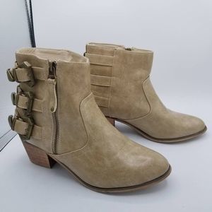 Bucco Capensis Womens Ankle Booties Beige Brown Cuban Moto Zip Straps Buckle 8